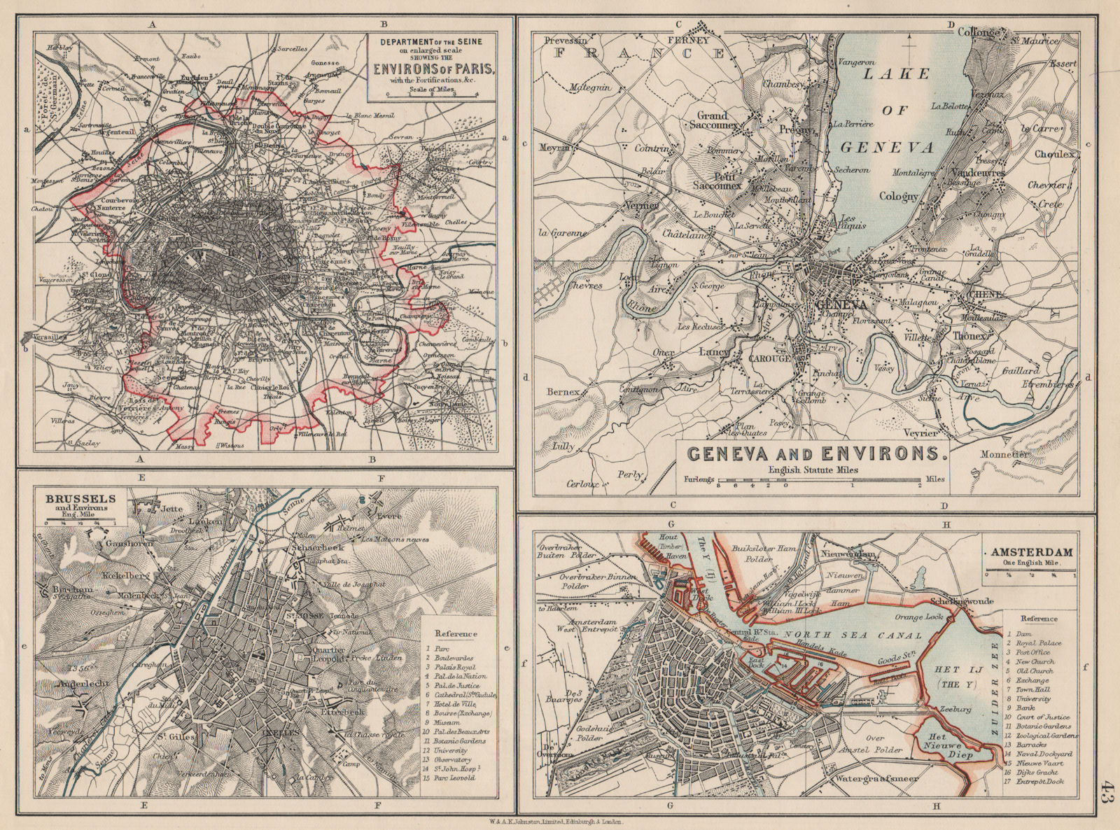 EUROPEAN CITIES. Environs of Paris Brussels Amsterdam Geneva.JOHNSTON 1903 map